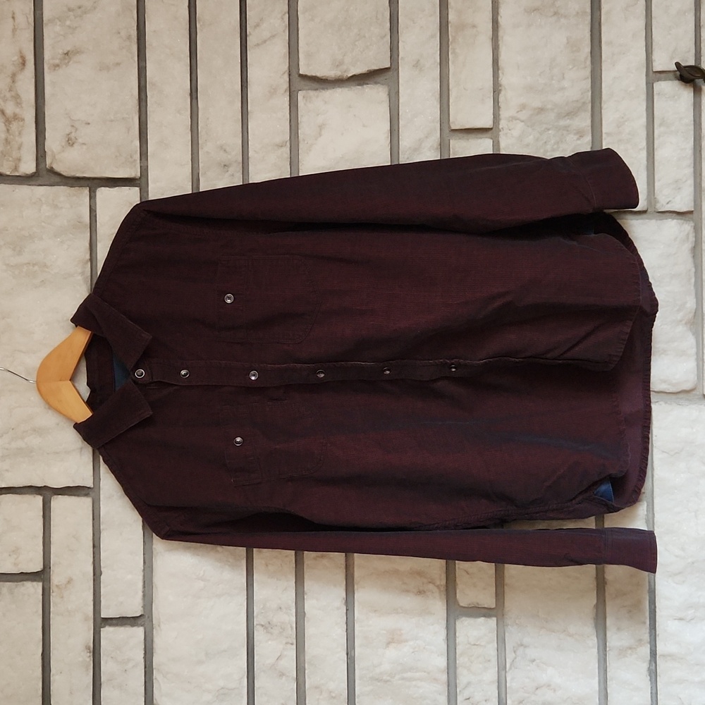 Men's long sleeve Prana corduroy burgundy/black button down shirt